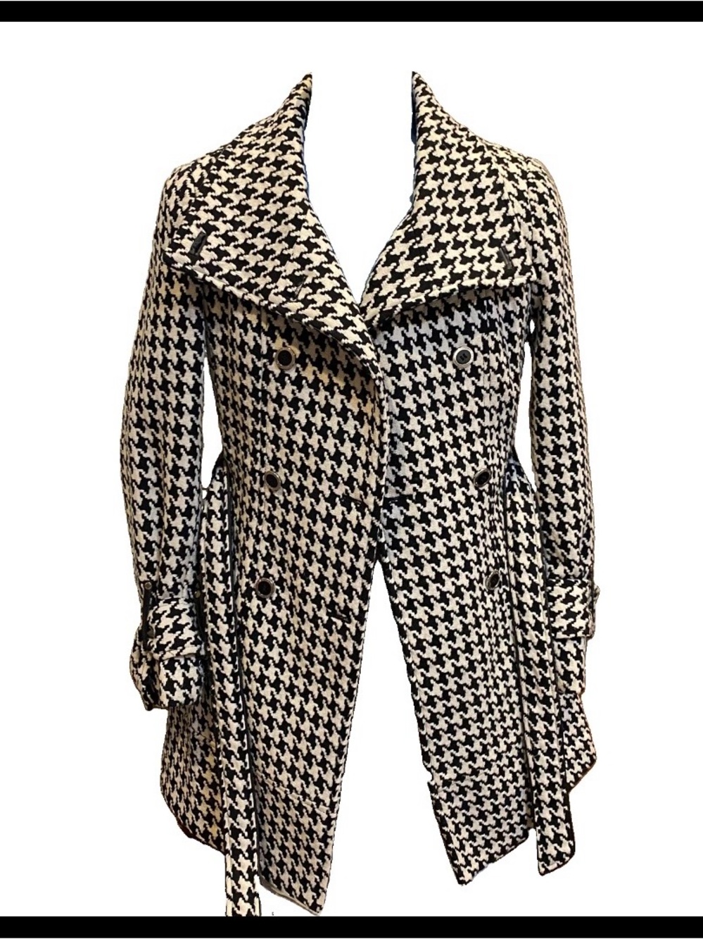 Calvin Klein Black White Houndstooth Wool Blend Coat Sz Small
